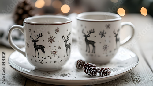 Elegant Black and White Christmas Mugs with Reindeer and Snowflake Pattern, Cozy Holiday Tea Time Setup Beautifully designed Christmas mugs featuring reindeer and snowflake motifs in classic black and