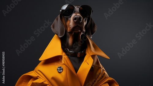 A stylish dog poses in a yellow trench coat and sunglasses against a dark background photo