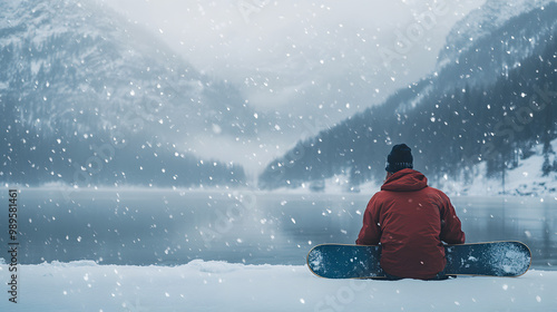Obraz na płótnie A snowboarder sitting at the edge of a frozen lake resting with their board in hand as snow lightly falls around them. w salonie