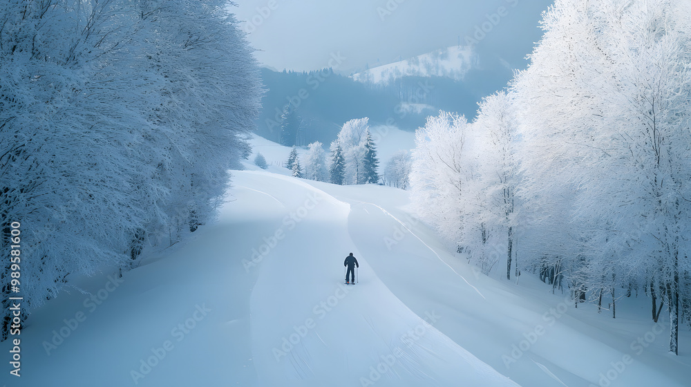 A snowboarder speeding down a cross-country trail surrounded by snow-covered trees and rolling hills.