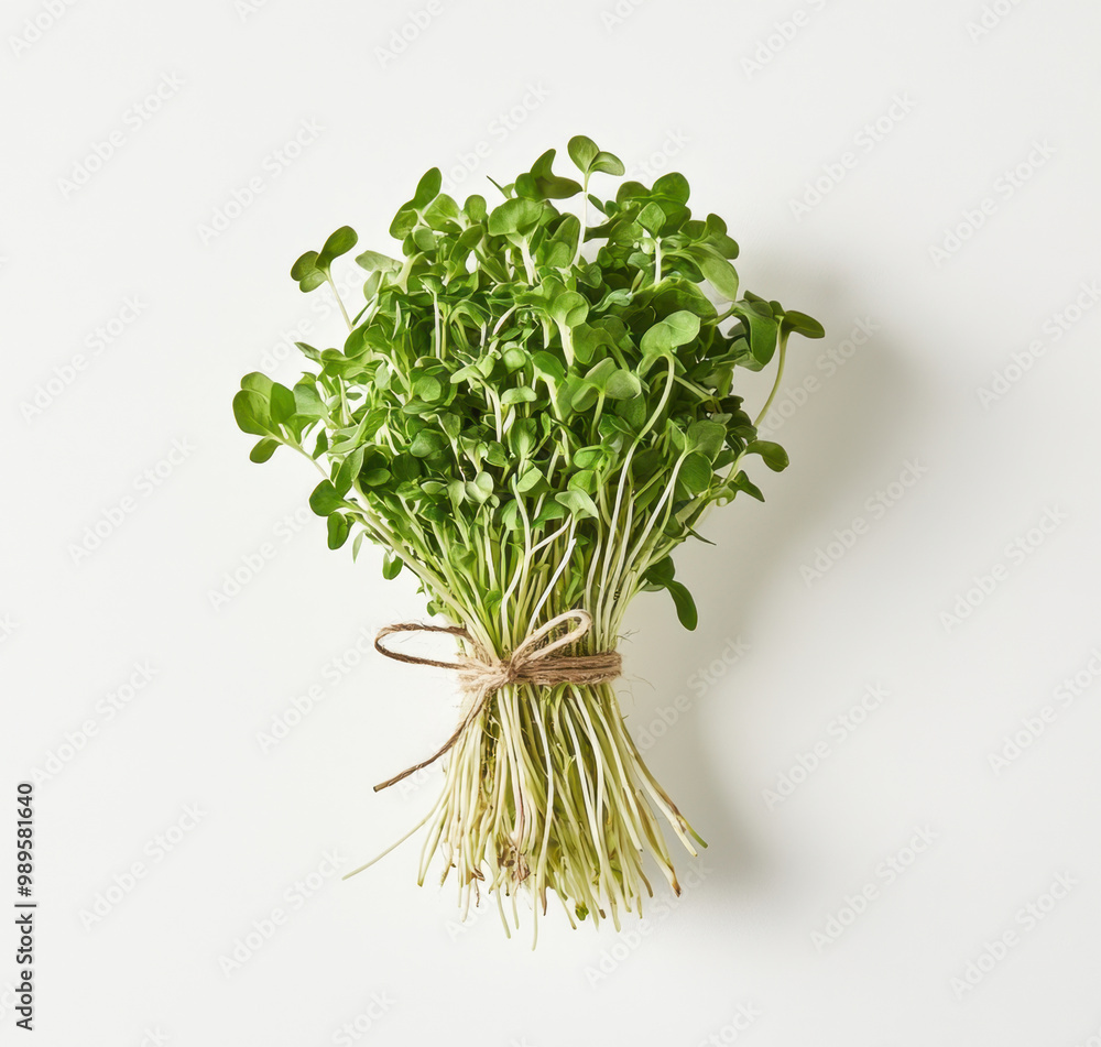 Bundle of fresh green microgreens tied with jute against white background in minimalist style. Concept healthy eating and organic culinary Bundle of fresh green microgreens tied with jute against white background in minimalist style. Concept healthy eating and organic culinary