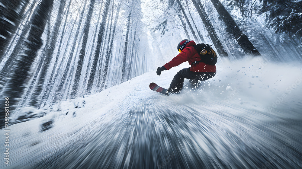 A snowboarder speeding down a narrow icy trail in the forest weaving between trees.