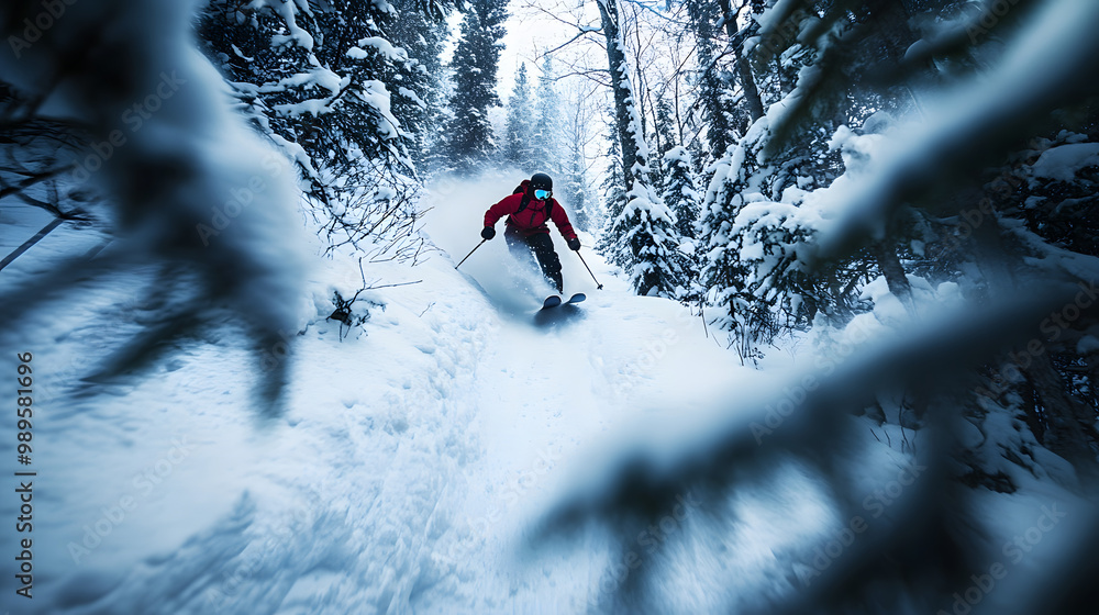 A snowboarder speeding down a narrow icy trail in the forest weaving between trees.
