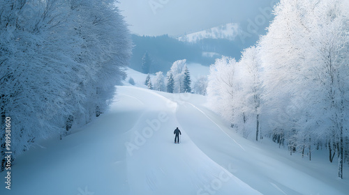Obraz na płótnie A snowboarder speeding down a cross-country trail surrounded by snow-covered trees and rolling hills. w salonie