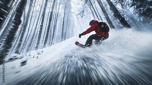 Obraz na płótnie A snowboarder speeding down a narrow icy trail in the forest weaving between trees. w salonie