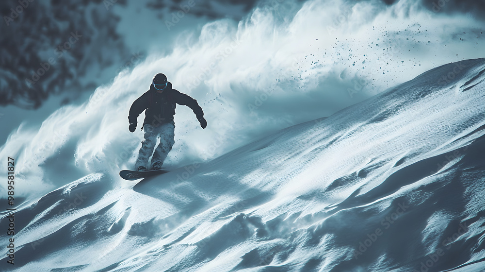 A snowboarder weaving through moguls on a challenging slope the uneven snow creating dramatic movements.