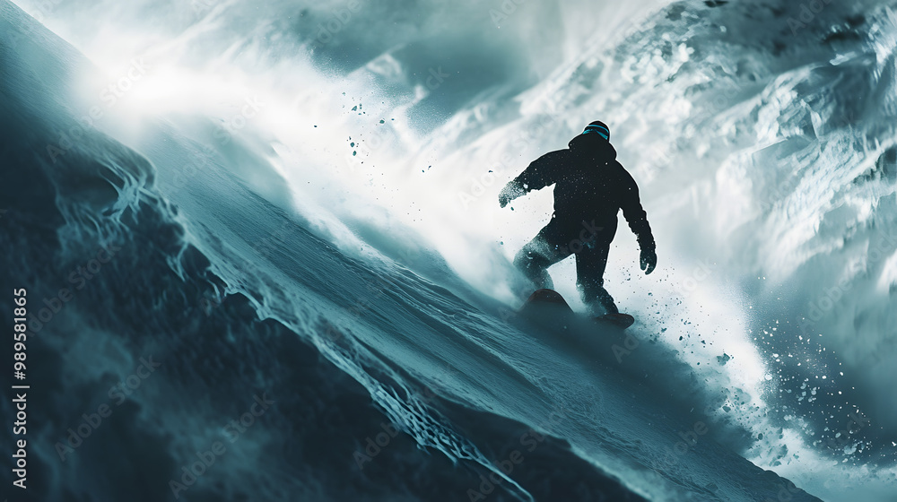 A snowboarder weaving through moguls on a challenging slope the uneven snow creating dramatic movements.