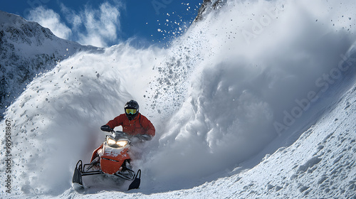 A snowmobiler narrowly escaping an avalanche as it chases them down a steep mountain slope with the snow kicking up a massive cloud of debris.