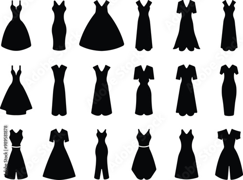 Women dresses icon in flat set. Female fashion cloth collection. Vector for apps or web models sheath and bodycon, tent, empire or strapless. Halter, playsuit isolated on transparent background