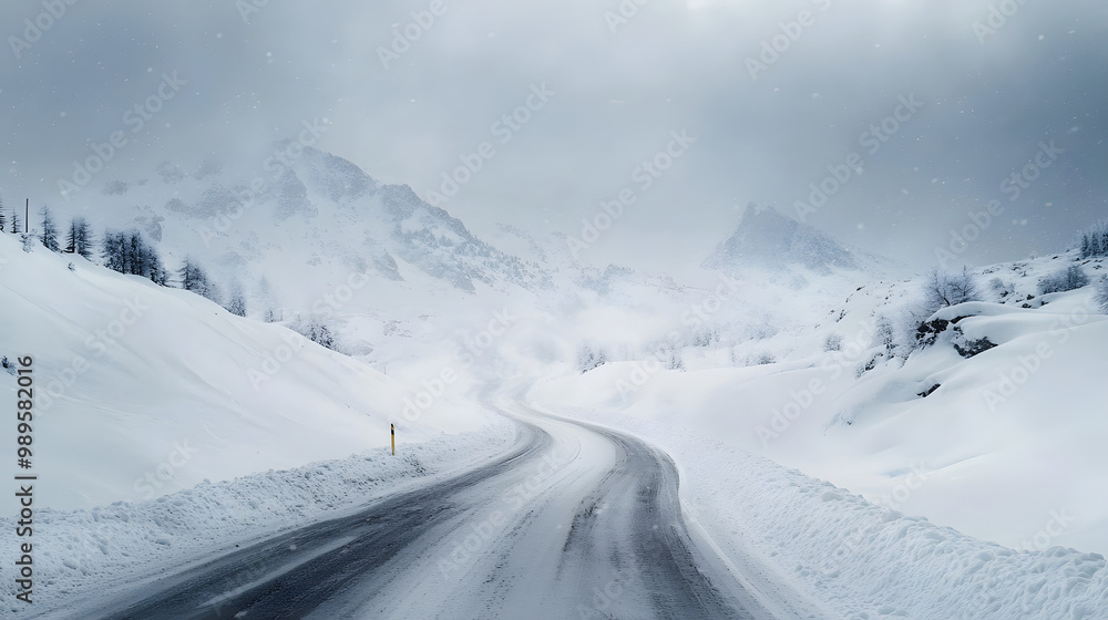 A snowstorm sweeping across a remote mountain pass with snow blowing in the wind and the road barely visible under the heavy snowfall.
