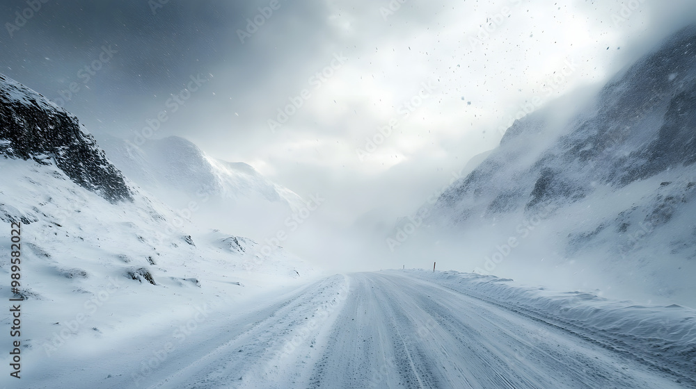 A snowstorm sweeping across a remote mountain pass with snow blowing in the wind and the road barely visible under the heavy snowfall.