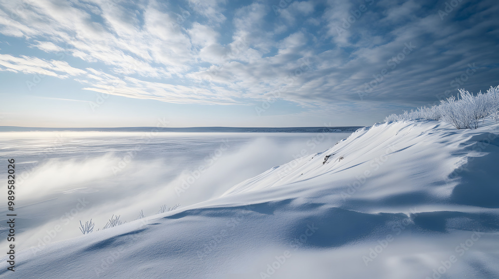 A snowy hilltop overlooking a frozen lake with low clouds hanging over the horizon and the wind sweeping across the snow creating ripples and patterns.
