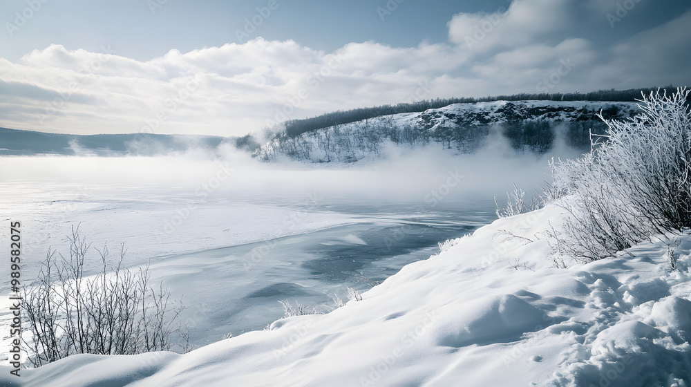 A snowy hilltop overlooking a frozen lake with low clouds hanging over the horizon and the wind sweeping across the snow creating ripples and patterns.
