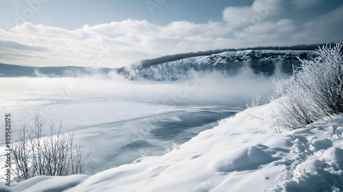Obraz na płótnie A snowy hilltop overlooking a frozen lake with low clouds hanging over the horizon and the wind sweeping across the snow creating ripples and patterns. w salonie