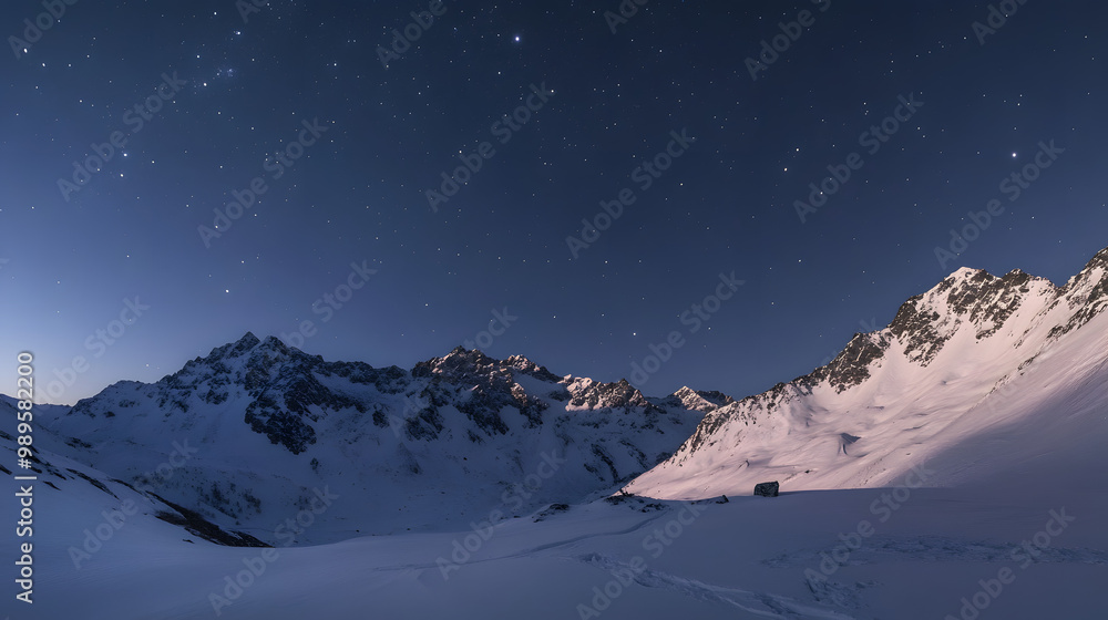 A snowy mountain ridge illuminated by the soft glow of the moon with shadows stretching across the untouched snow and the stars twinkling above.