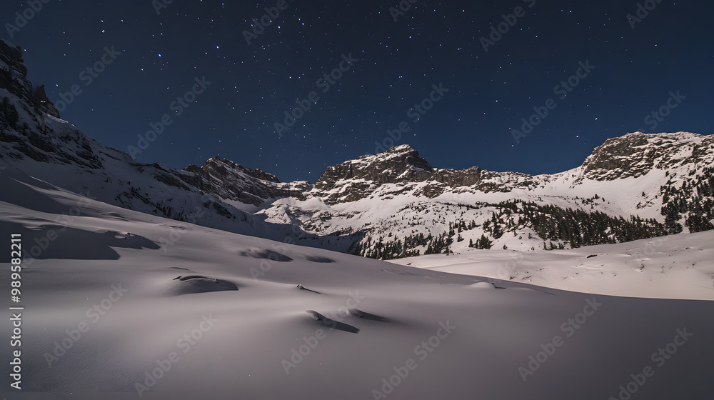 A snowy mountain ridge illuminated by the soft glow of the moon with shadows stretching across the untouched snow and the stars twinkling above.