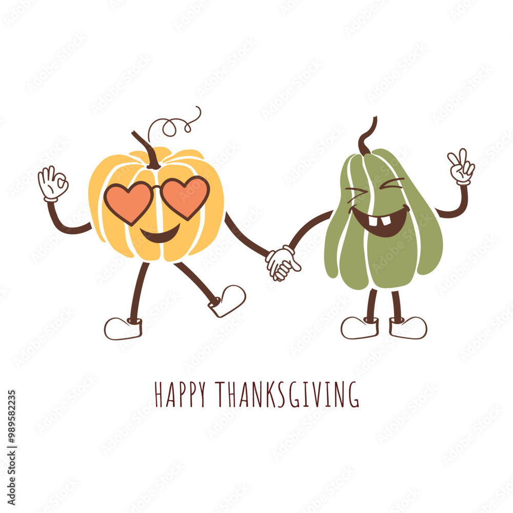 HAPPY THANKSGIVING. Retro poster in groovy style. Cartoon funny pumpkins holding hands. Vintage design in a flat style. Cartoon, doodle. Vector poster, postcard, banner, invitation, greeting. HAPPY THANKSGIVING. Retro poster in groovy style. Cartoon funny pumpkins holding hands. Vintage design in a flat style. Cartoon, doodle. Vector poster, postcard, banner, invitation, greeting.