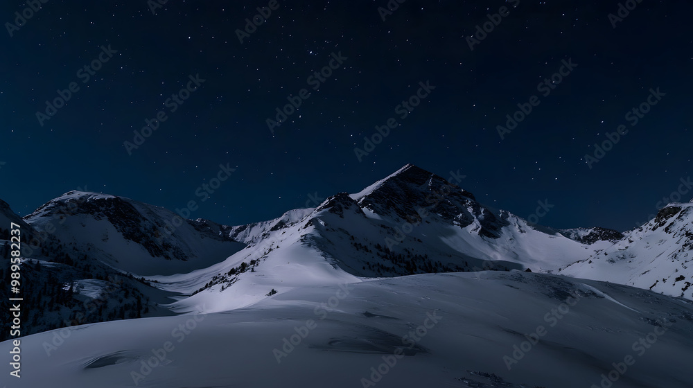 A snowy mountain ridge illuminated by the soft glow of the moon with shadows stretching across the untouched snow and the stars twinkling above.