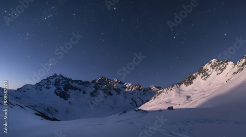 Obraz na płótnie A snowy mountain ridge illuminated by the soft glow of the moon with shadows stretching across the untouched snow and the stars twinkling above. w salonie