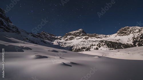Obraz na płótnie A snowy mountain ridge illuminated by the soft glow of the moon with shadows stretching across the untouched snow and the stars twinkling above. w salonie