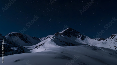 Obraz na płótnie A snowy mountain ridge illuminated by the soft glow of the moon with shadows stretching across the untouched snow and the stars twinkling above. w salonie
