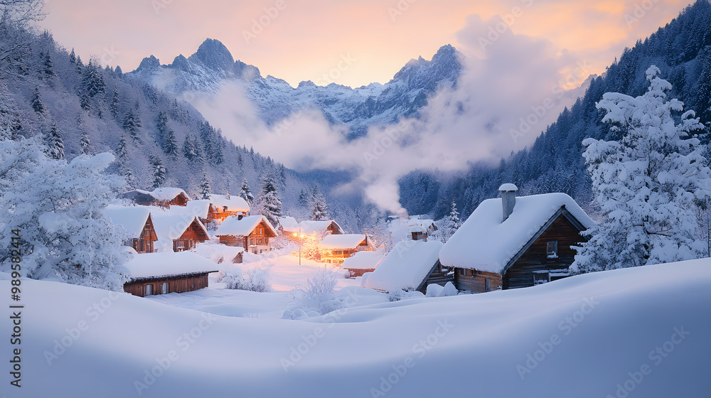 A snowy village nestled in a mountain valley with cozy cottages covered in snow smoke rising from chimneys and the surrounding peaks glowing in the twilight.