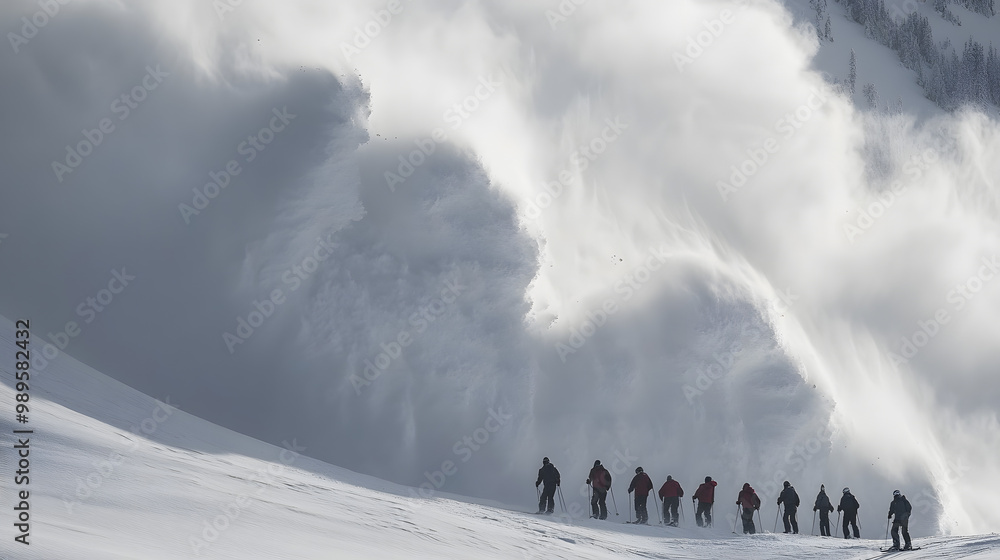 A team of skiers triggering an avalanche intentionally for safety with a controlled slide of snow moving down the mountain.