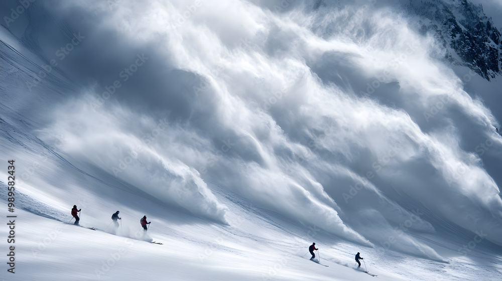 A team of skiers triggering an avalanche intentionally for safety with a controlled slide of snow moving down the mountain.