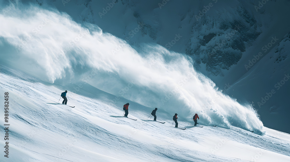 A team of skiers triggering an avalanche intentionally for safety with a controlled slide of snow moving down the mountain.