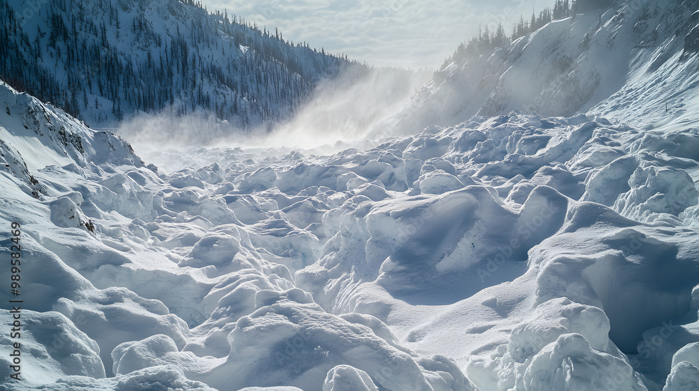 A time-lapse of an avalanche debris field settling after the snow has stopped moving with the snow solidifying into dense mounds.