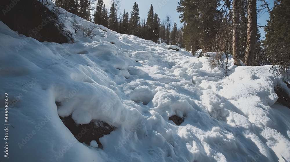 A time-lapse of an avalanche debris field settling after the snow has stopped moving with the snow solidifying into dense mounds.