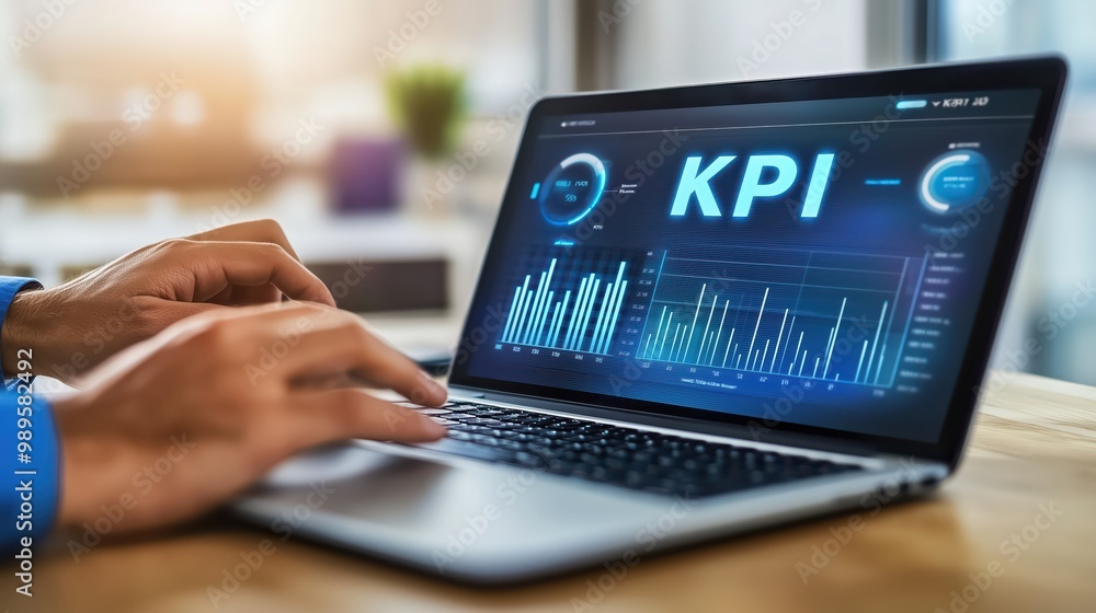 Modern Business KPI Dashboard on Laptop Displaying Key Performance Indicators and Analytics Modern Business KPI Dashboard on Laptop Displaying Key Performance Indicators and Analytics
