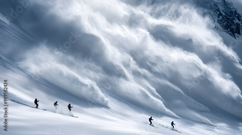 Obraz na płótnie A team of skiers triggering an avalanche intentionally for safety with a controlled slide of snow moving down the mountain. w salonie