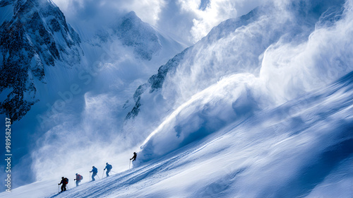 A team of skiers triggering an avalanche intentionally for safety with a controlled slide of snow moving down the mountain. photo