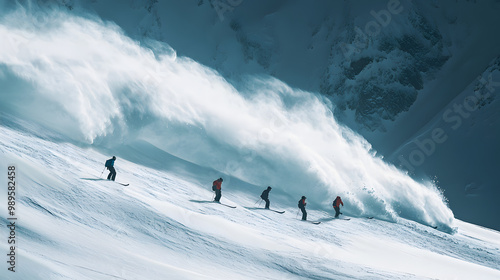 Obraz na płótnie A team of skiers triggering an avalanche intentionally for safety with a controlled slide of snow moving down the mountain. w salonie