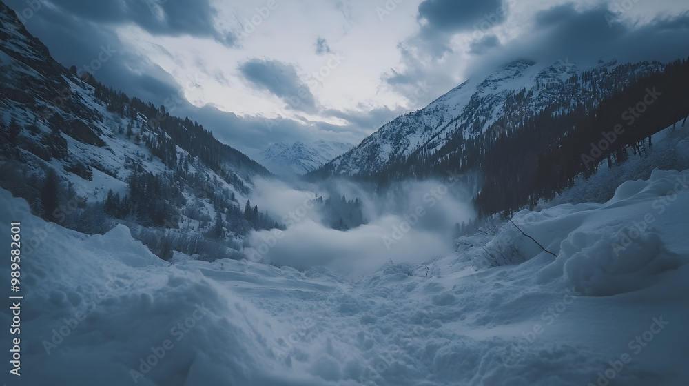 A time-lapse of an avalanche gradually moving through a valley the snow slowly spreading and reshaping the landscape in its wake.