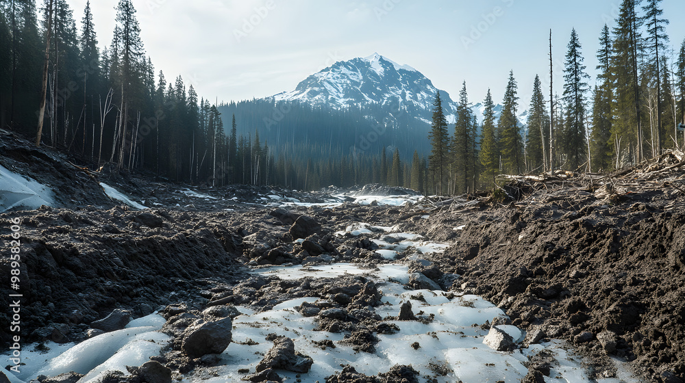 A time-lapse of an avalanche debris field slowly settling after the initial impact with the snow and ice solidifying into dense layers.