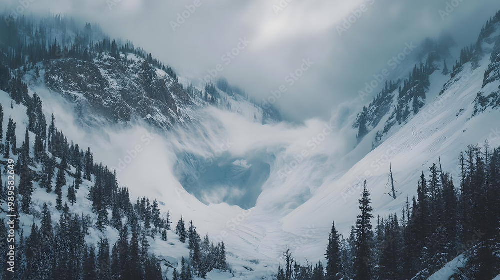 A time-lapse of an avalanche gradually moving through a valley the snow slowly spreading and reshaping the landscape in its wake.
