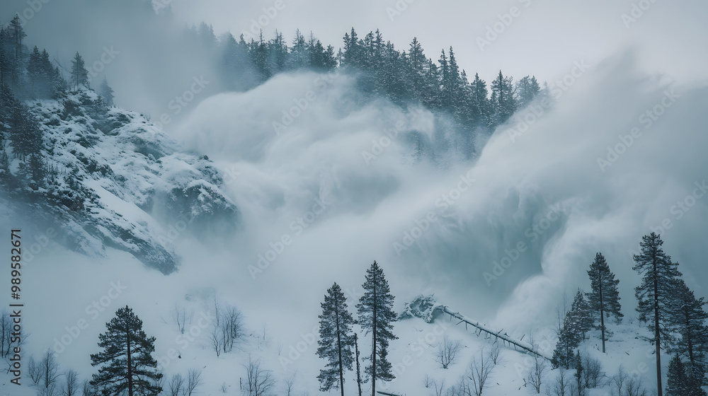 A time-lapse of an avalanche sweeping across a forest with trees being uprooted and snow covering the landscape in a thick blanket.