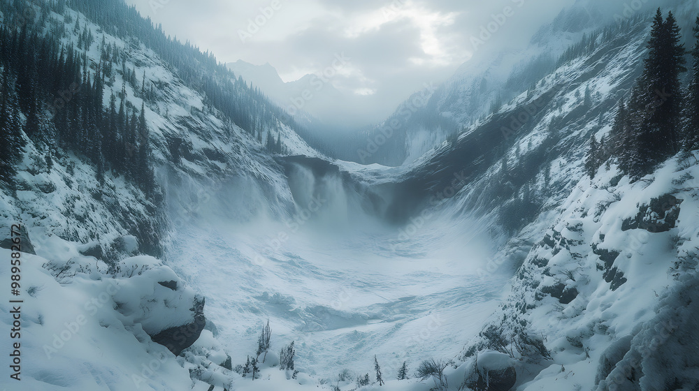 A time-lapse of an avalanche gradually moving through a valley the snow slowly spreading and reshaping the landscape in its wake.