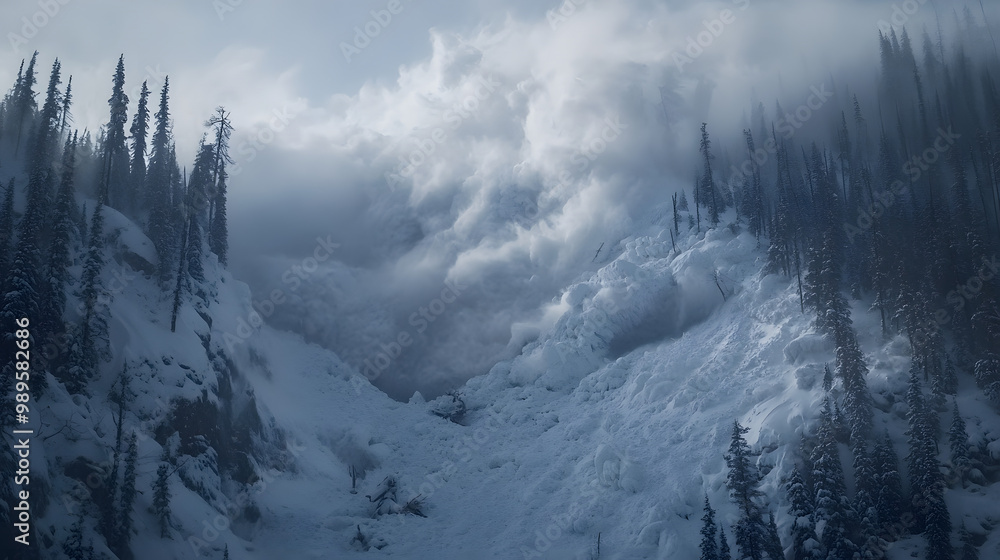 A time-lapse of an avalanche sweeping across a forest with trees being uprooted and snow covering the landscape in a thick blanket.