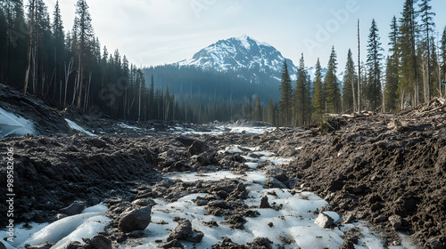 Obraz na płótnie A time-lapse of an avalanche debris field slowly settling after the initial impact with the snow and ice solidifying into dense layers. w salonie