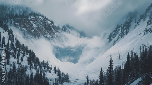 Obraz na płótnie A time-lapse of an avalanche gradually moving through a valley the snow slowly spreading and reshaping the landscape in its wake. w salonie