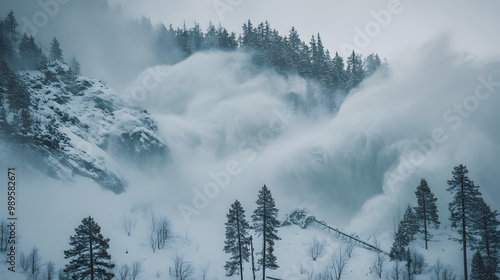Obraz na płótnie A time-lapse of an avalanche sweeping across a forest with trees being uprooted and snow covering the landscape in a thick blanket. w salonie