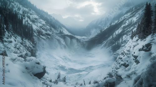 Obraz na płótnie A time-lapse of an avalanche gradually moving through a valley the snow slowly spreading and reshaping the landscape in its wake. w salonie