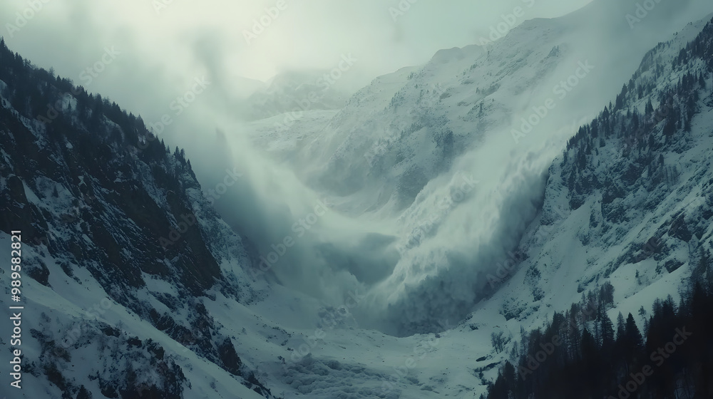 A time-lapse style shot of an avalanche sweeping across a mountain valley with the snow gradually covering the entire landscape.