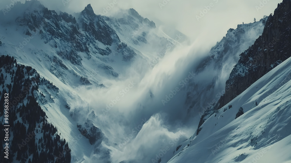 A time-lapse style shot of an avalanche sweeping across a mountain valley with the snow gradually covering the entire landscape.