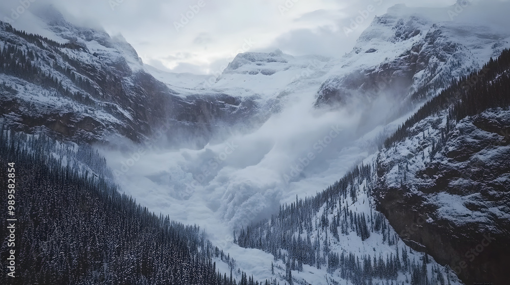 A time-lapse style shot of an avalanche sweeping across a mountain valley with the snow gradually covering the entire landscape.