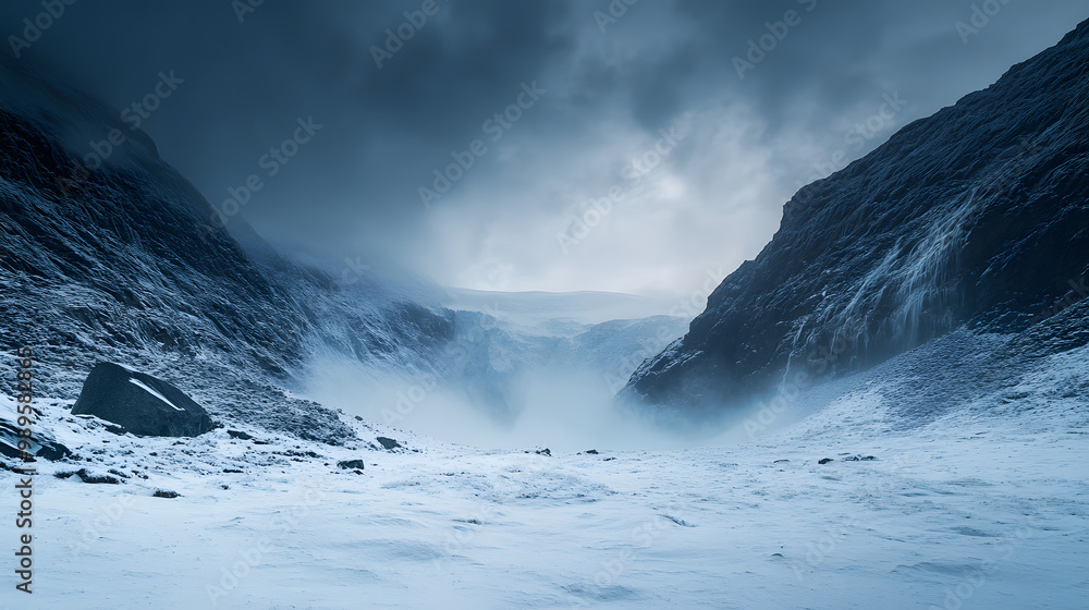 A time-lapse style shot of an avalanche sweeping across a mountain valley with the snow gradually covering the entire landscape.