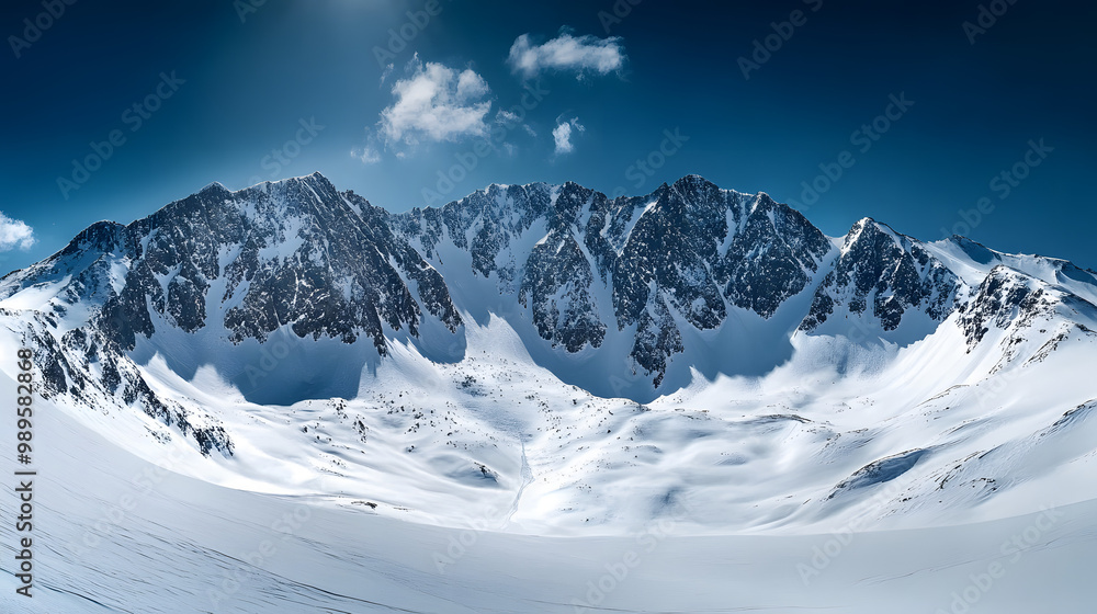 A vast snow-covered mountain range under a deep blue sky with the bright sunlight casting sharp shadows across the slopes.